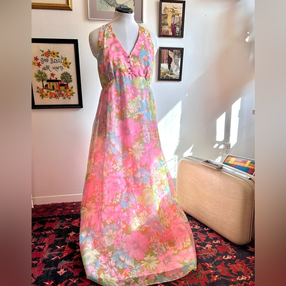 Vintage 1970s Pastel Floral Maxi Dress, Empire Waist, Halter Neck